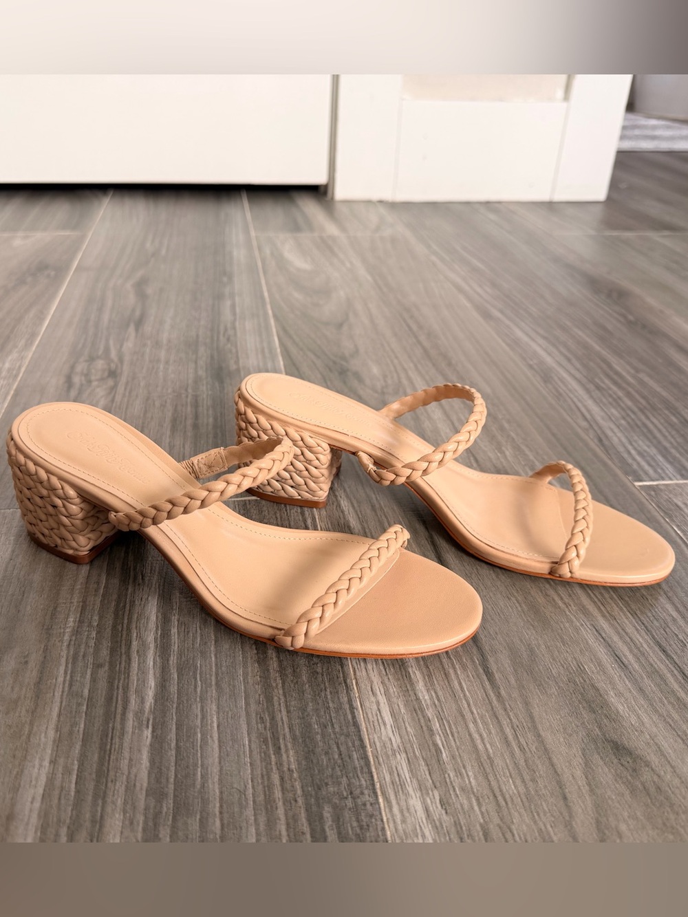 Saks Fifth Avenue Leather  Braided Strap Nude Block Heel Sandals